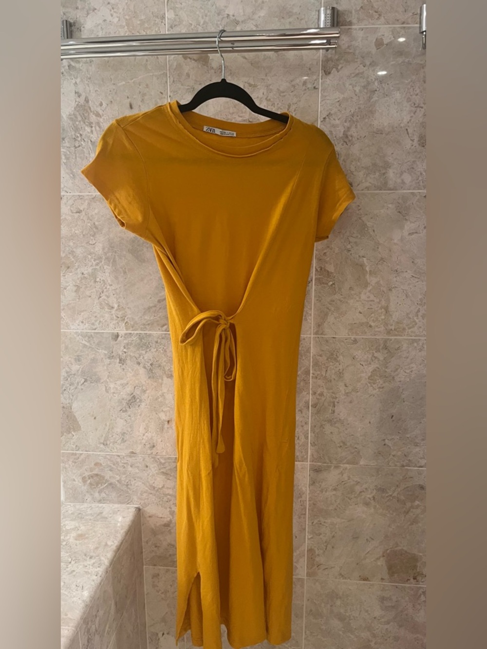 Zara Mustard Tie-Waist Short Sleeve Dress